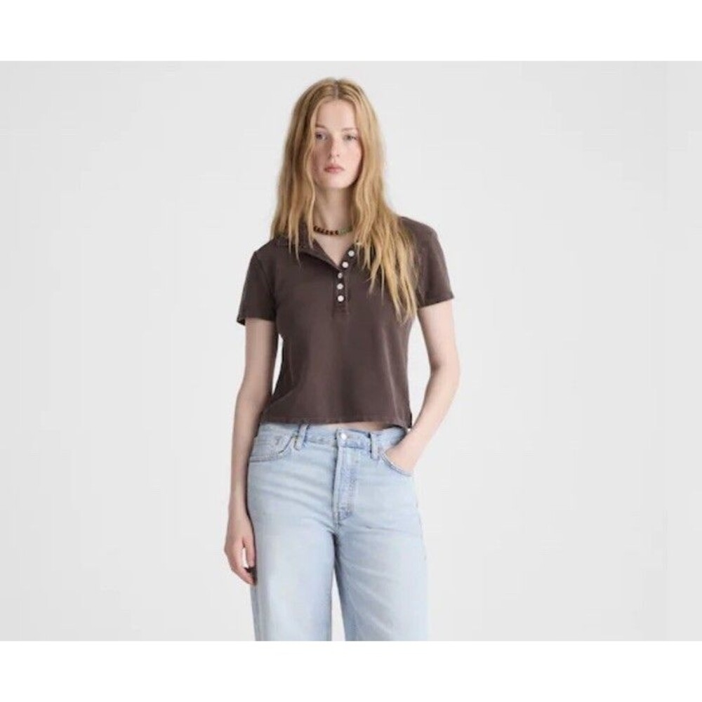 Madewell Slim Fit Polo Tee Women's XL Brown Short Sleeves Cotton Pique Knit NWT